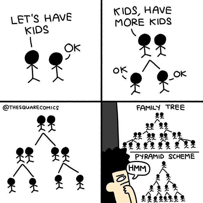 Darkly funny comic illustrating adulthood struggle with large family tree resembling a pyramid scheme, humor on kids and family growth.