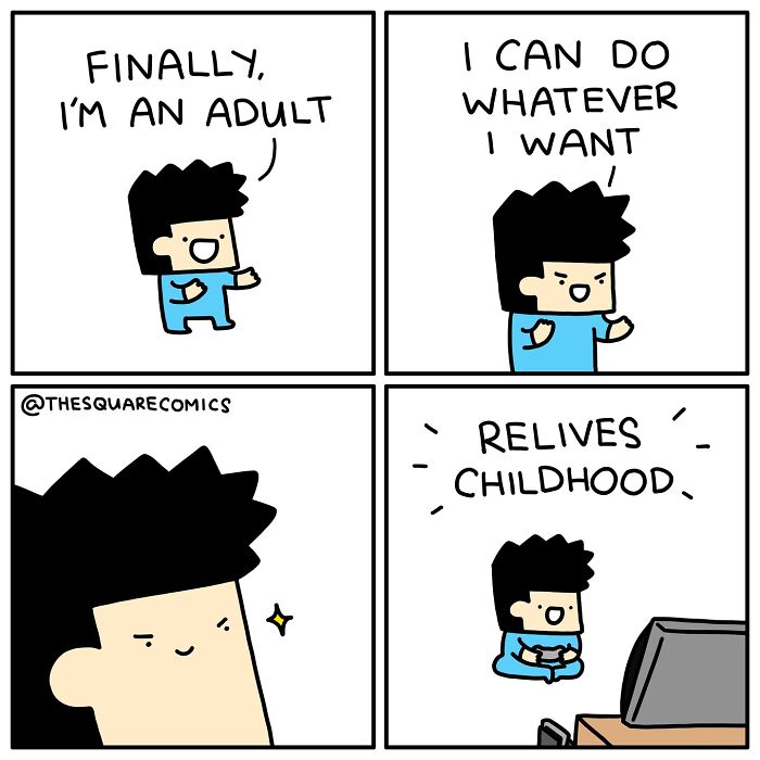 Comic showing the struggle of adulthood with a character excited to be an adult but reliving childhood while watching TV.