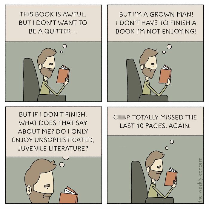 Comic strip illustrating relatable everyday anxiety about finishing a book, capturing thoughts and self-doubt humorously.
