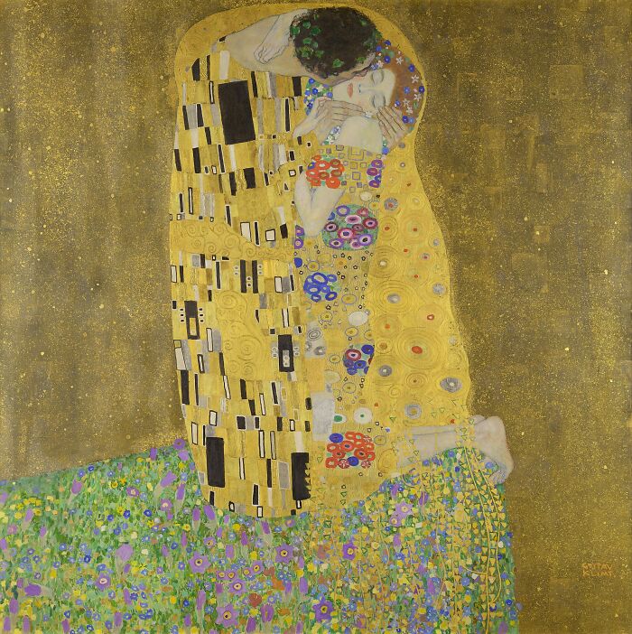 The Kiss by Gustav Klimt, one of the famous paintings that changed art with its golden iconic style and intricate patterns.
