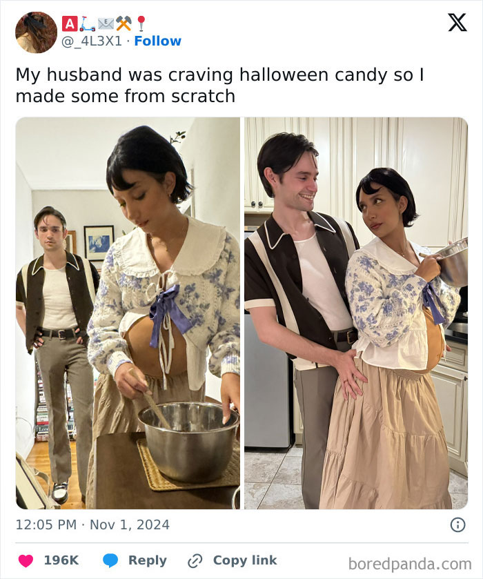 Couple in creative Halloween costumes with retro outfits, one stirring in a bowl and the other posing in the kitchen.