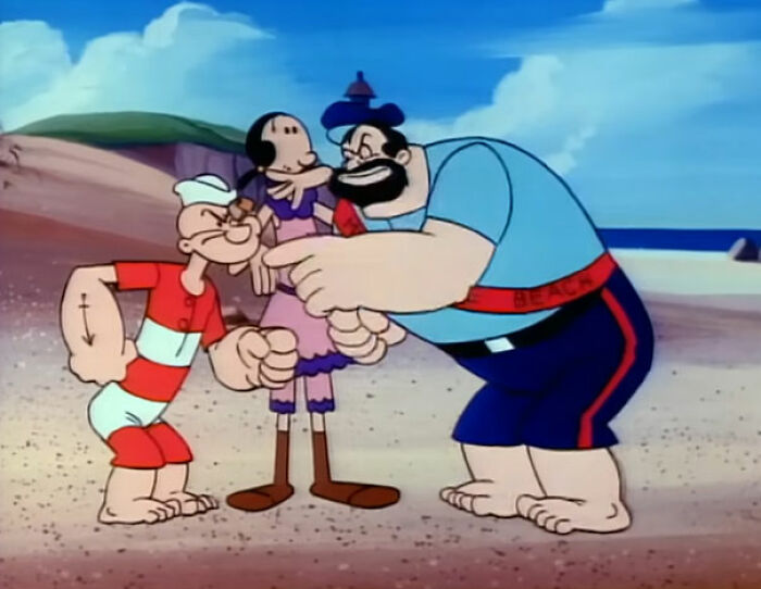 Cartoon characters Popeye, Olive Oyl, and Bluto on a sandy beach depicting weird things workers have seen inside homes.