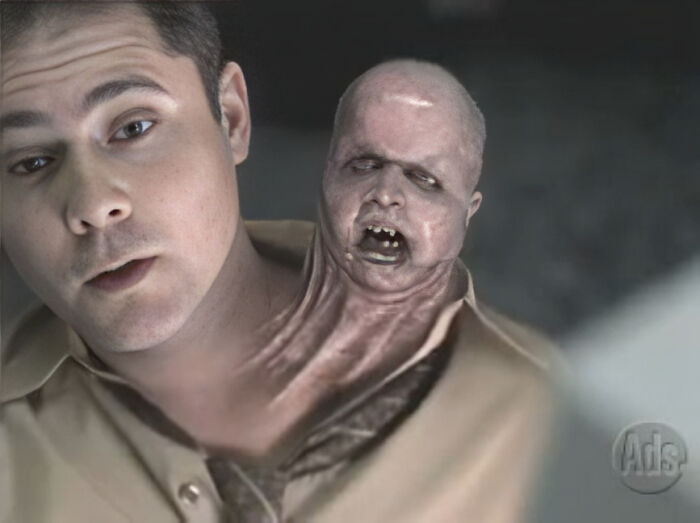 Man with a creepy, distorted second face emerging from his neck in a disturbing scene from creepy commercials.