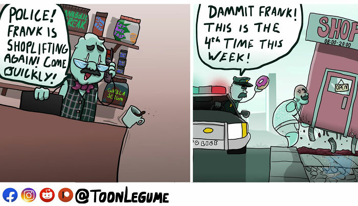 Comic artist captures life’s awkward and absurd moments with a humorous scene of shoplifting and police frustration.