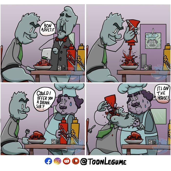 Comic artist illustration showing awkward and absurd moments of a diner struggling with ketchup at a restaurant.