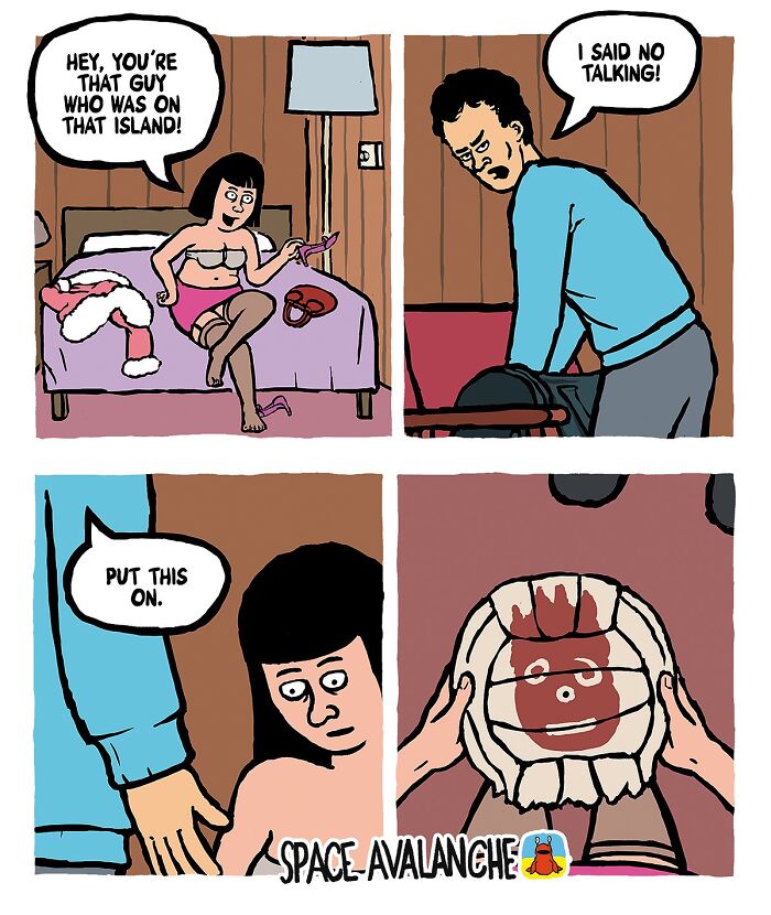 Darkly funny comic from Space Avalanche featuring quirky characters in a humorous and peculiar situation indoors.