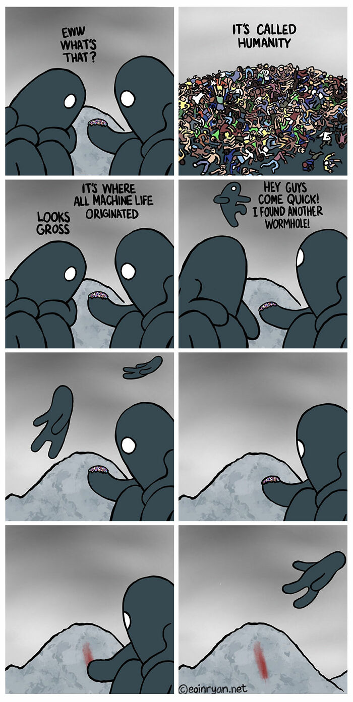 Darkly funny comic from Space Avalanche showing robots discussing humanity and discovering a new wormhole.