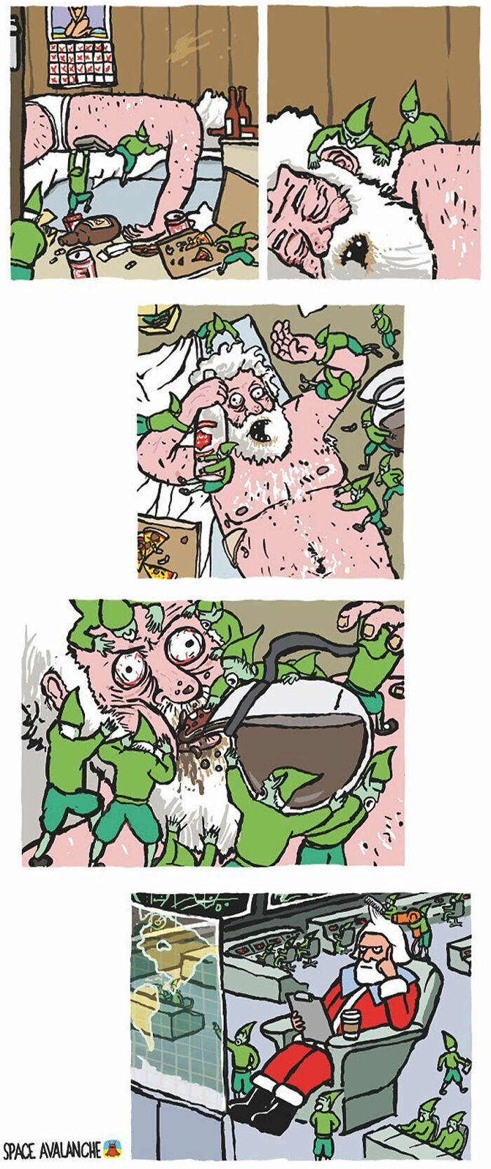 Darkly funny comics from Space Avalanche showing mischievous elves attacking a disheveled Santa in a chaotic room.