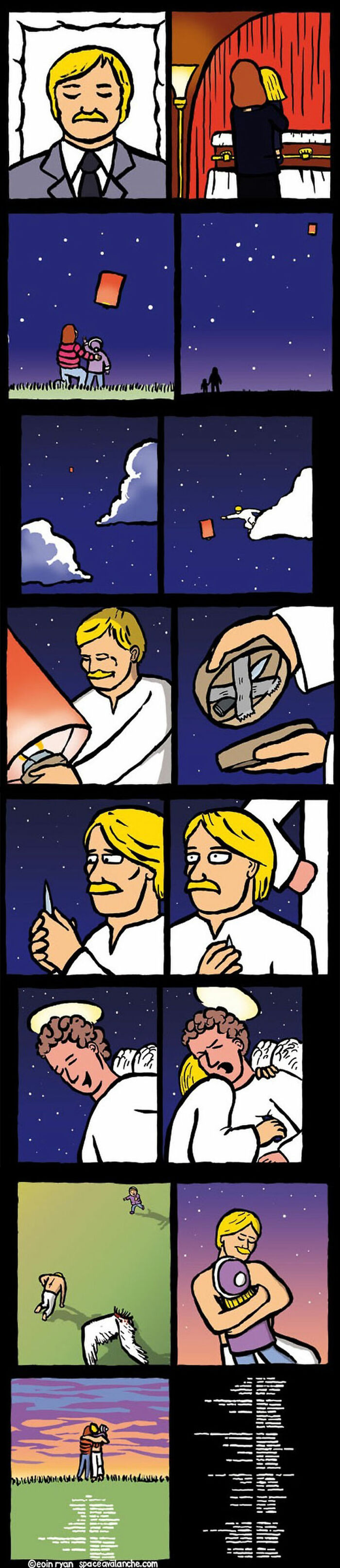 Comic strip from Space Avalanche depicting a darkly funny story with peculiar humor about life, death, and afterlife.
