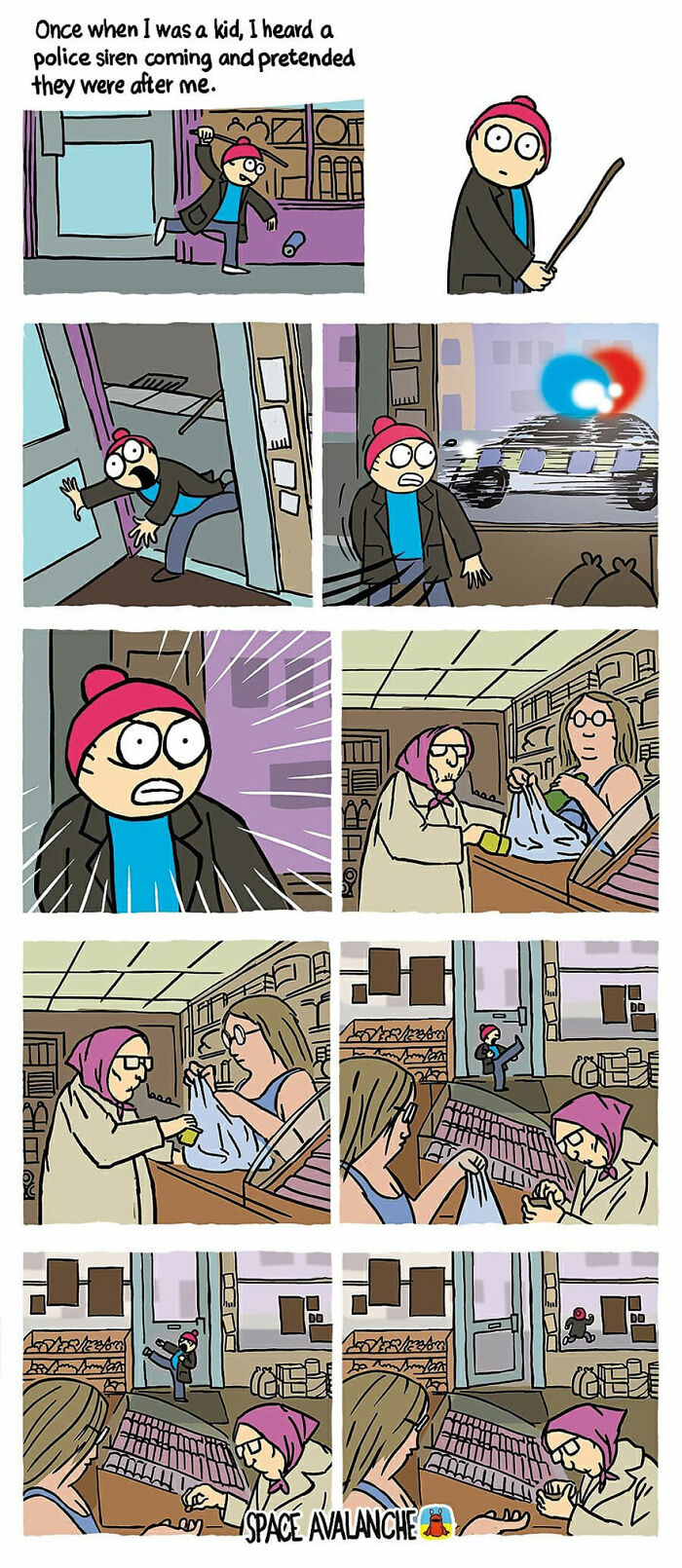 Comic panels from Space Avalanche depicting a darkly funny story about a child pretending a police siren chase.