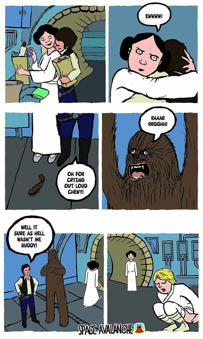 Darkly funny Space Avalanche comic strip with Star Wars characters Chewbacca, Han Solo, Leia, and Luke in a humorous scene.