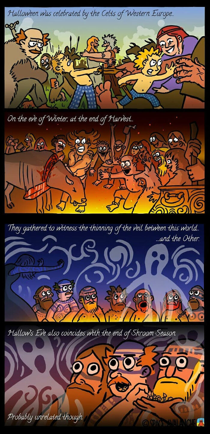 Darkly funny comics from Space Avalanche depicting Halloween celebrations and eerie gatherings with a peculiar sense of humor.