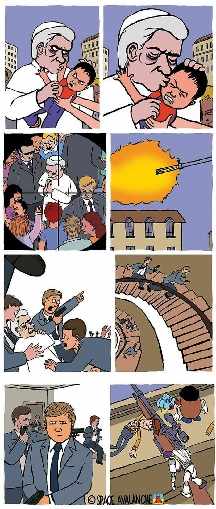 Darkly funny comics by Space Avalanche depicting a satirical assassination scene with intense and peculiar humor.