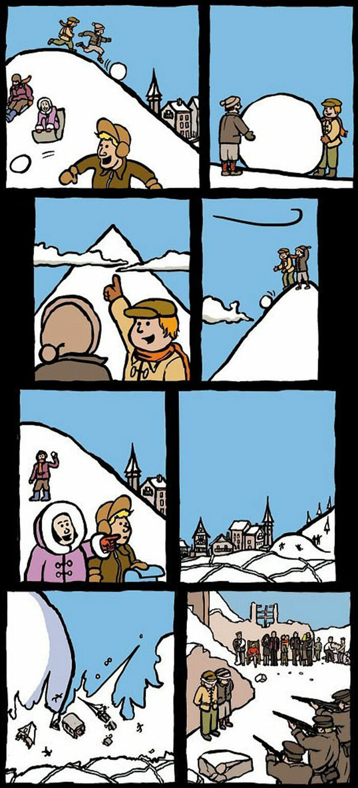 Darkly funny comics from Space Avalanche showing a snowball causing an avalanche and unexpected consequences.