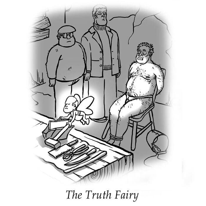 Darkly funny comic from Space Avalanche showing a tied man, two onlookers, and a stern truth fairy with tools.
