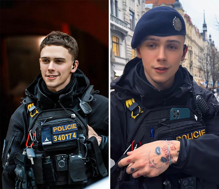 Young police officer showing honest reactions while looking at his own portrait captured by a photographer outdoors
