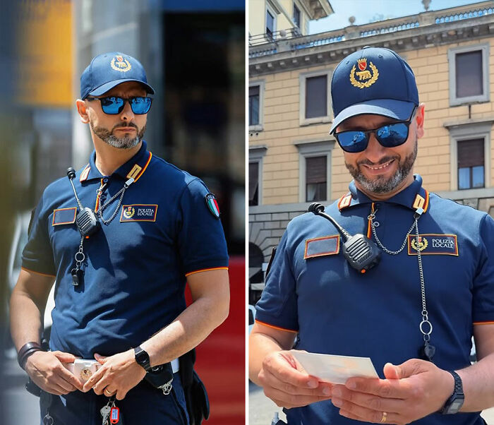Man in police uniform wearing sunglasses, showing honest reactions while looking at his own portrait photographs outdoors.