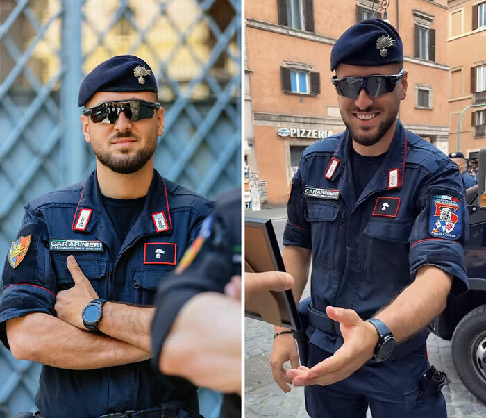 Two men in Carabinieri uniforms showing honest reactions as a photographer captures their portraits.