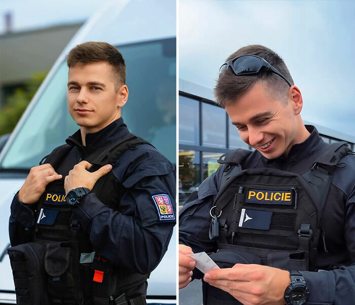 Police officer in uniform showing honest reactions while looking at his own portrait captured by photographer