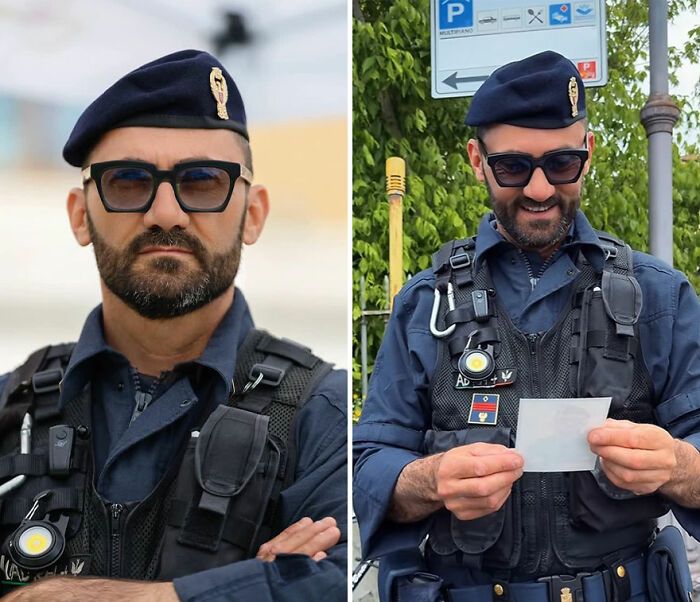 Police officer wearing sunglasses and uniform showing his honest reaction while looking at his own portrait photo.