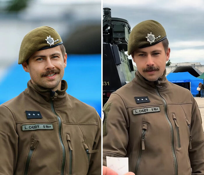 Man in military uniform showing honest reaction while looking at his own portrait captured by photographer