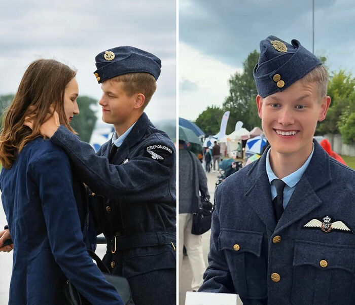 Young man in vintage military uniform reacts with joy while viewing his own portrait captured by photographer.