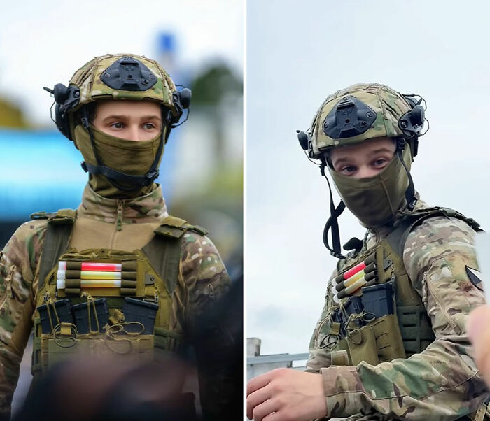 Soldier wearing full tactical gear and mask, captured in honest reaction portraits by the photographer.