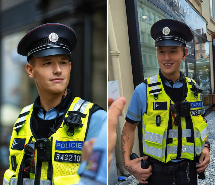 Young police officer's honest reaction captured by photographer as he views his own portrait outdoors.
