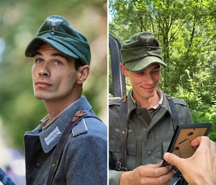 Young man in vintage military uniform viewing his portrait with a smile, capturing honest reactions through photography.