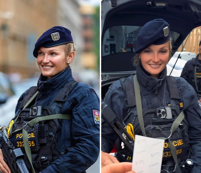 Police officer smiling while looking at her own portrait captured by photographer recording honest reactions.