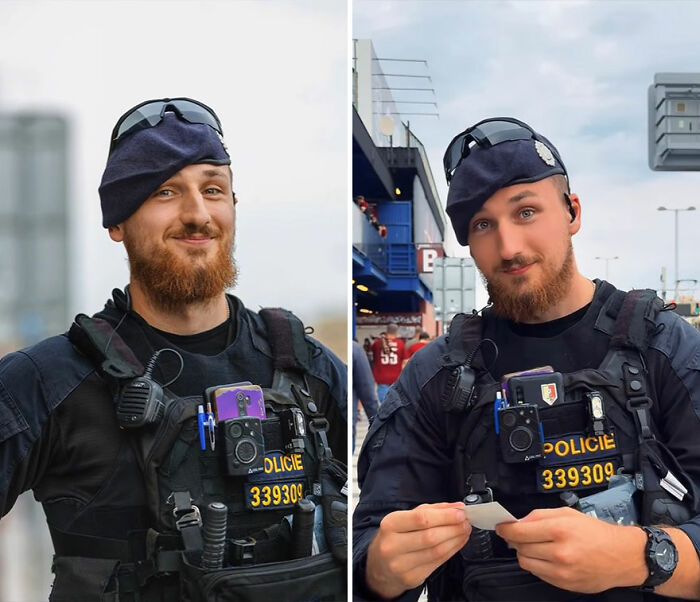 Police officer showing honest reactions while looking at his portrait captured by the photographer