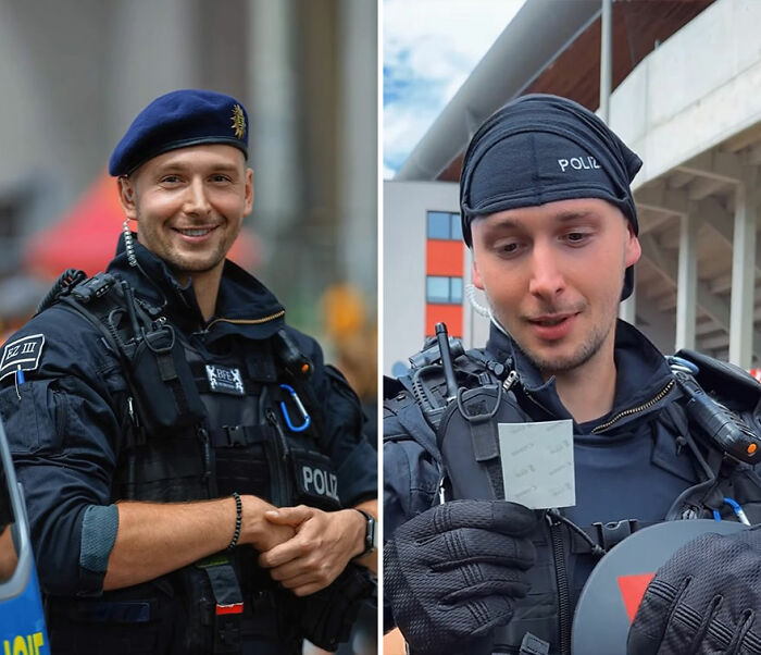 Police officer viewing his portrait with honest reactions captured by photographer recording people looking at their portraits.