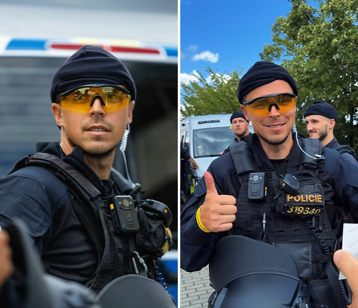 Police officer wearing tactical gear and yellow glasses, captured in candid portrait showing honest reactions outdoors.