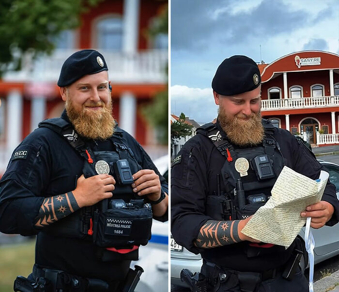 Police officer with a beard and tattoos smiling, captured in candid portrait showing honest reactions to his photo.
