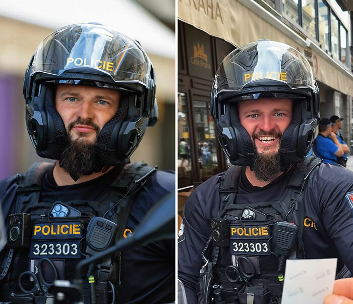 Police officer wearing helmet shows honest reactions while looking at his own portrait captured by photographer.
