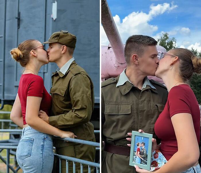 Couple sharing a kiss as the man in uniform holds a framed portrait showing their honest reactions to the photographer’s work.