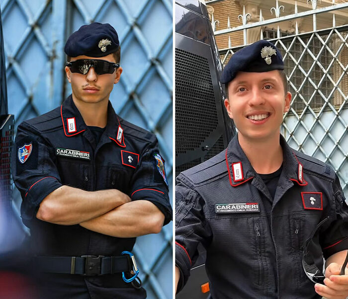 Two Carabinieri officers in uniform showing honest reactions while viewing portraits captured by the photographer