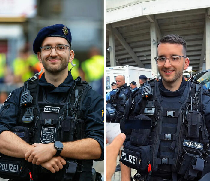 Police officer smiling while looking at his own portrait captured by a photographer recording honest reactions.
