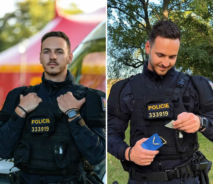 Policeman in uniform posing for a portrait and then looking at his own portrait with an honest reaction outdoors.