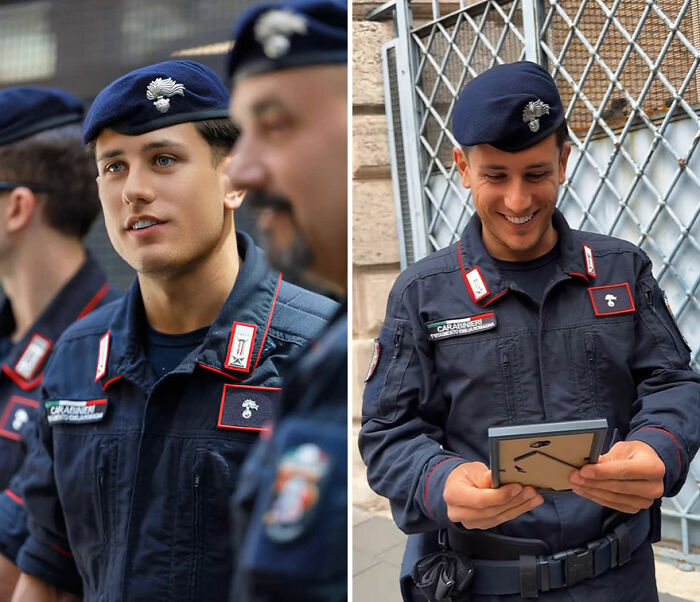 Two men in uniform showing honest reactions as they look at their own portraits captured by a photographer.