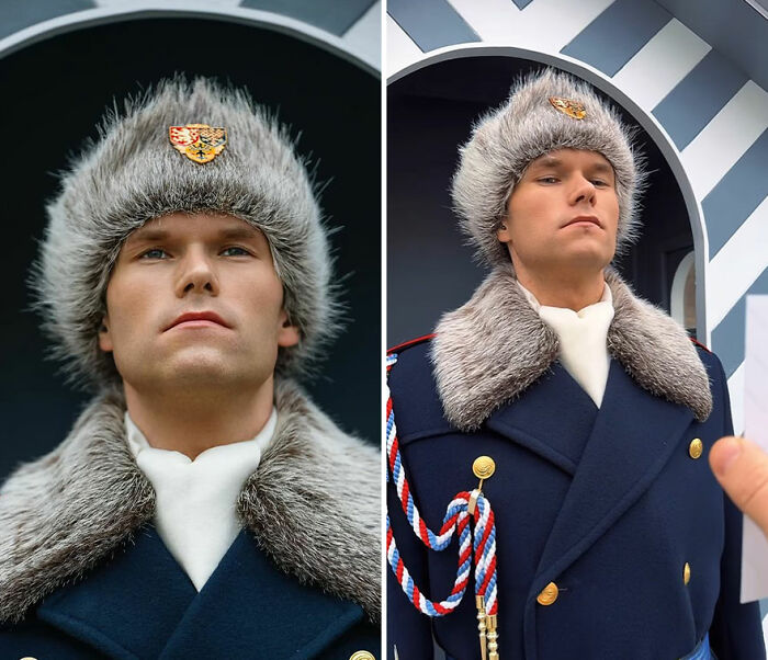 Portrait of a man in a fur hat and coat, showcasing the honest reactions captured by the photographer.