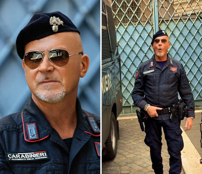 Man in Carabinieri uniform wearing sunglasses and beret, captured in a portrait showing honest reactions to photography.