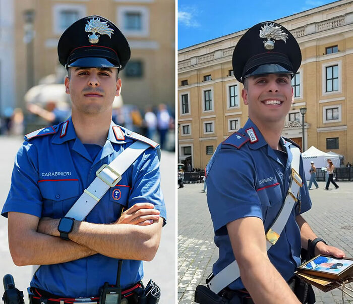 Carabinieri officer reacting honestly while looking at his own portrait captured by the photographer.