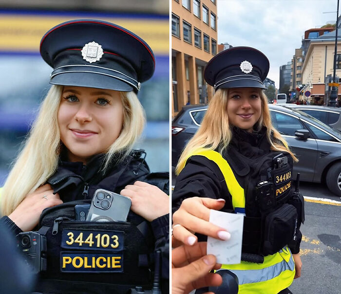 Police officer smiling in portrait, captured by photographer recording honest reactions of people to their own portraits.