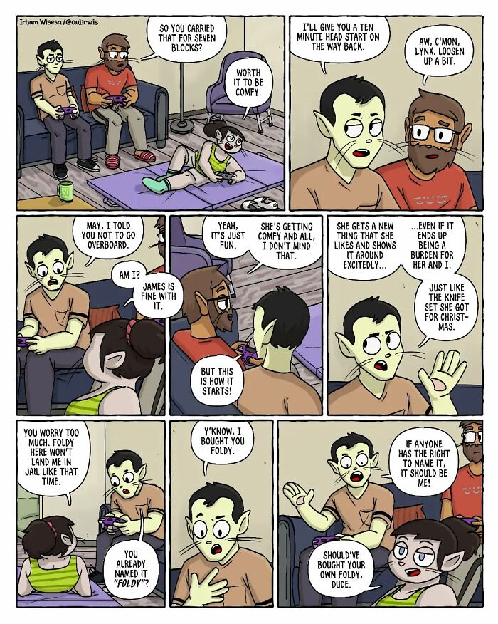 Comic strip illustrating the chaos of sharing a home with friends through playful gaming and lively conversation.