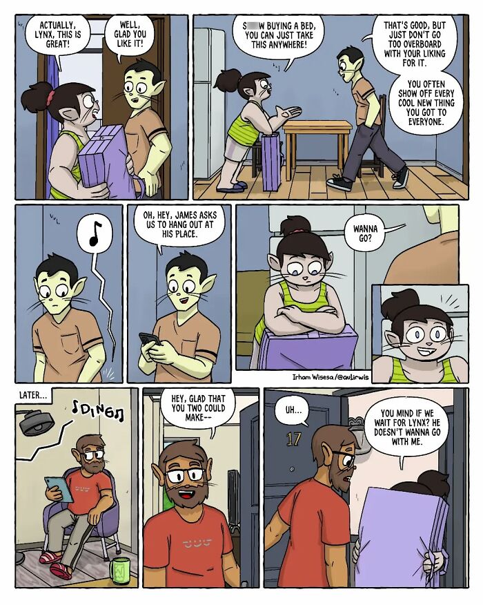 Comic strip showing characters navigating the chaos of sharing a home with friends and managing social plans.