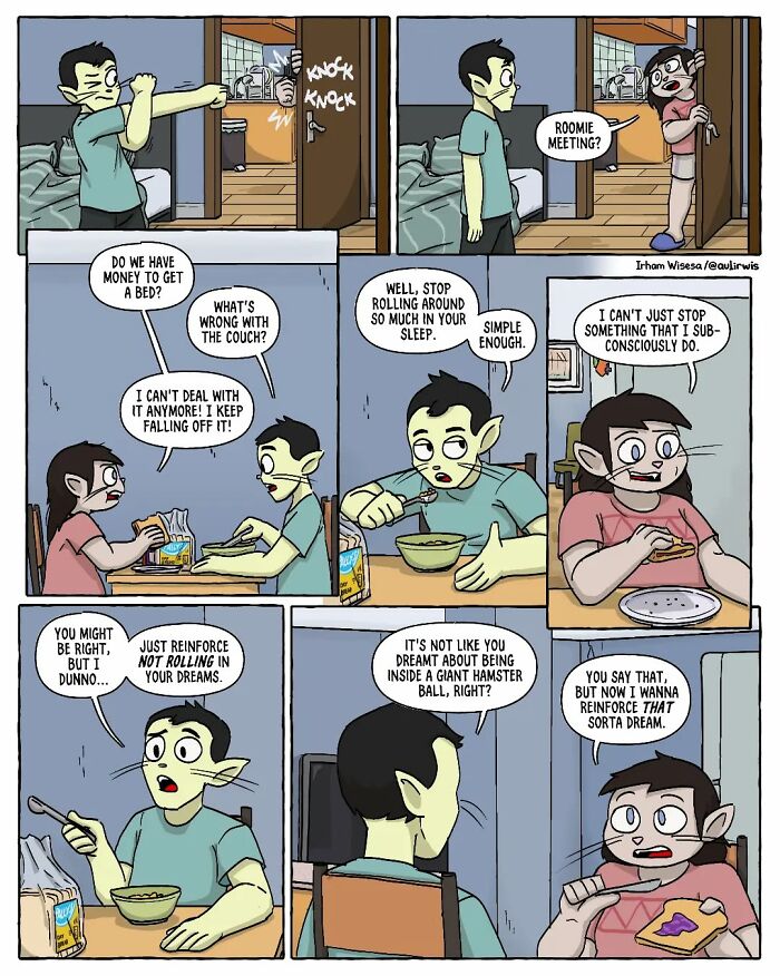 Comic strip illustrating the chaos of sharing a home with friends through humorous roommate interactions.