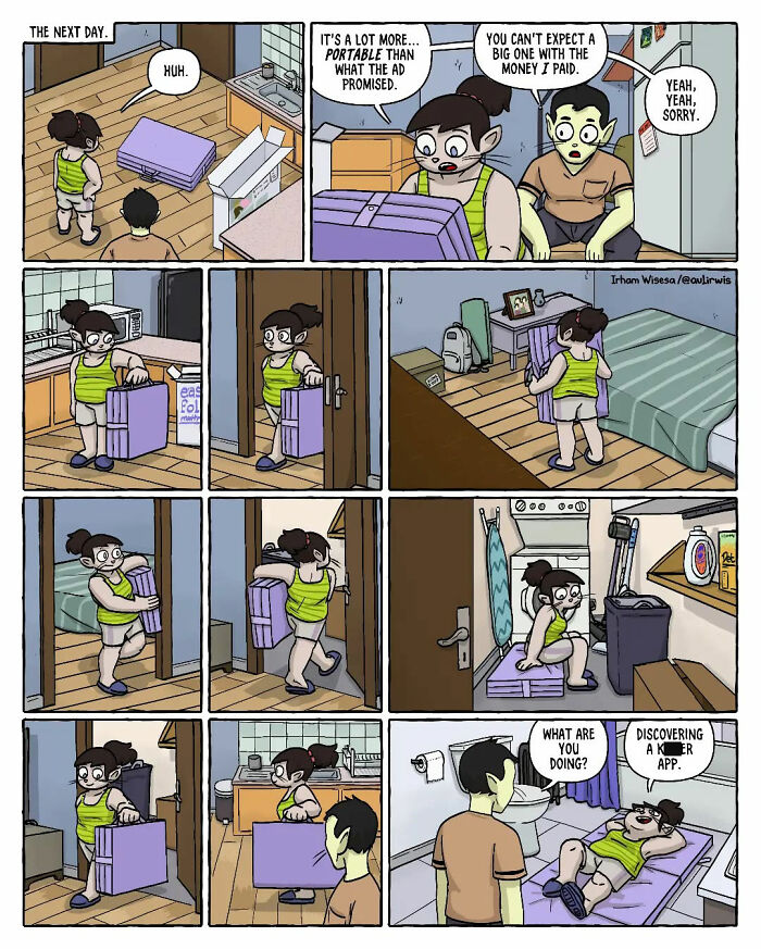 Illustration showing the chaos of sharing a home with friends through a portable item causing humorous confusion.