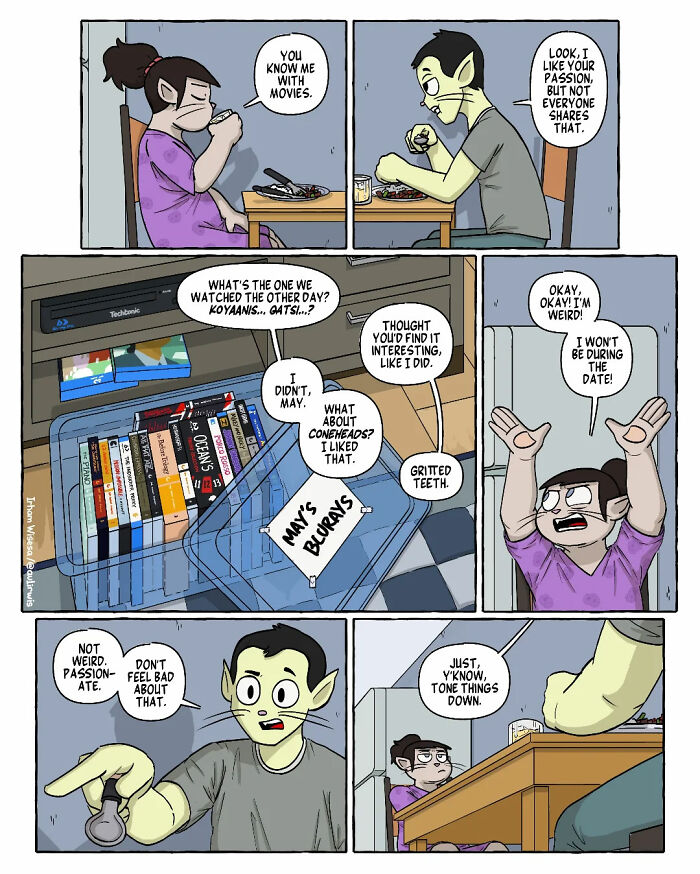 Comic panels showing the chaos of sharing a home, with friends debating movies and personal quirks at the dining table.