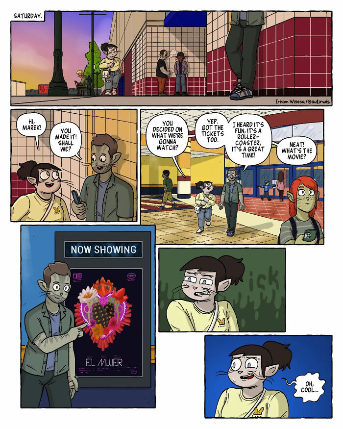 Comic panels showing friends meeting to watch a movie, capturing the chaos of sharing a home with friends in an animated style.